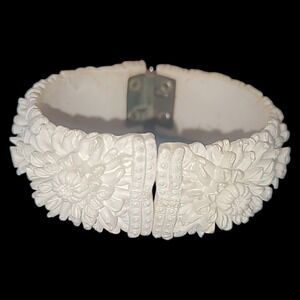 Vintage 1940s Celluloid Clamper Bracelet Carved‎ Chrysanthemum Floral Hinged